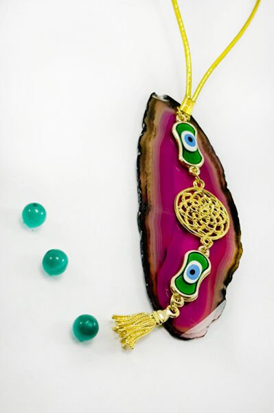 Gold Renkli Elips Nazarlı Metal Lotus Çiçeği Püsküllü Araba Dikiz Ayna Süsü