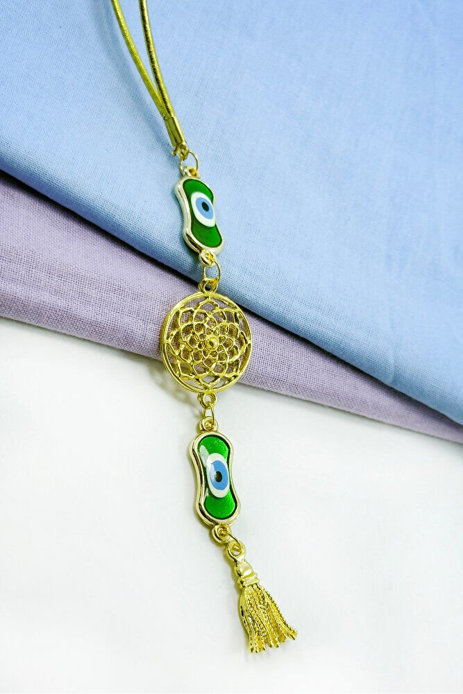 Gold Renkli Elips Nazarlı Metal Lotus Çiçeği Püsküllü Araba Dikiz Ayna Süsü