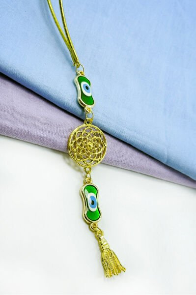 Gold Renkli Elips Nazarlı Metal Lotus Çiçeği Püsküllü Araba Dikiz Ayna Süsü