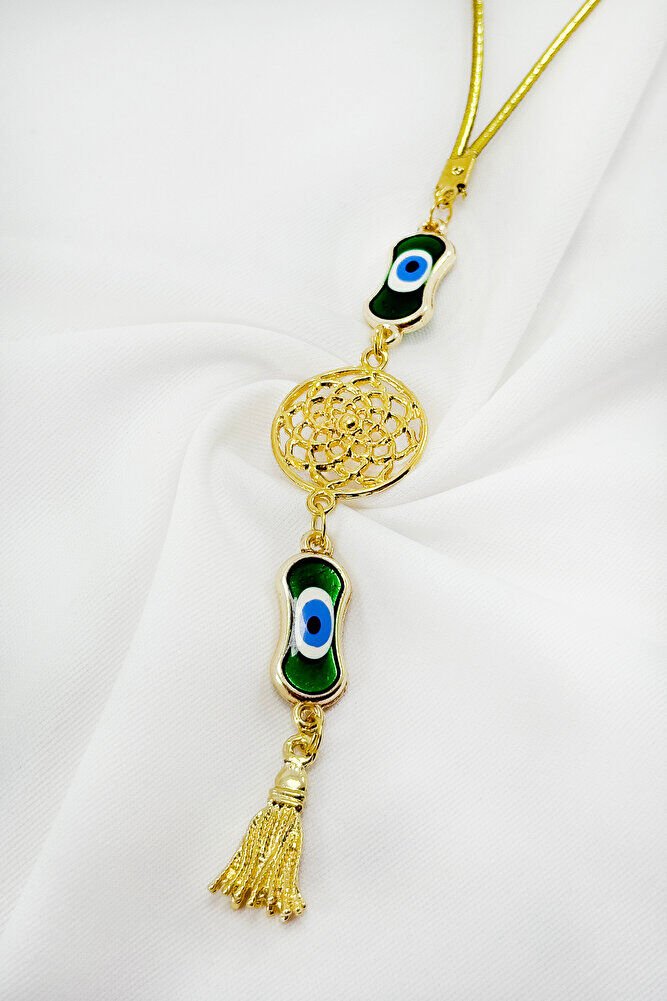 Gold Renkli Elips Nazarlı Metal Lotus Çiçeği Püsküllü Araba Dikiz Ayna Süsü