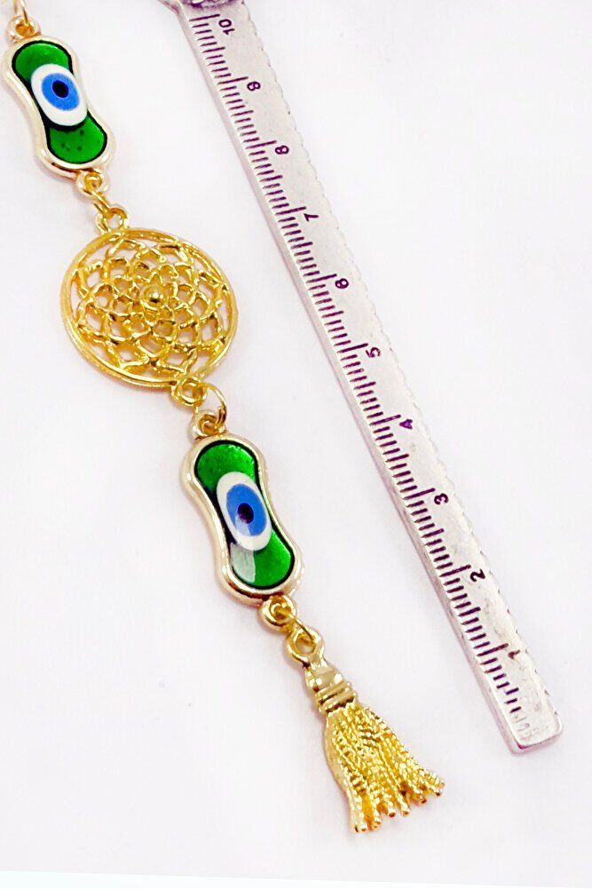 Gold Renkli Elips Nazarlı Metal Lotus Çiçeği Püsküllü Araba Dikiz Ayna Süsü