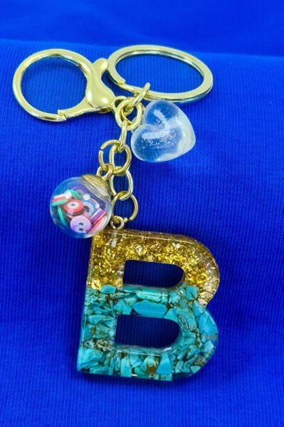 Epoksi Firuze Taşlı B Harfi Anahtarlık, Hediyelik Çanta Süsü