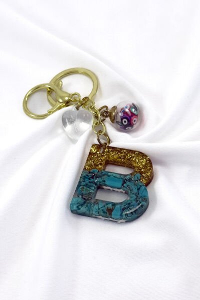 Epoksi Firuze Taşlı B Harfi Anahtarlık, Hediyelik Çanta Süsü
