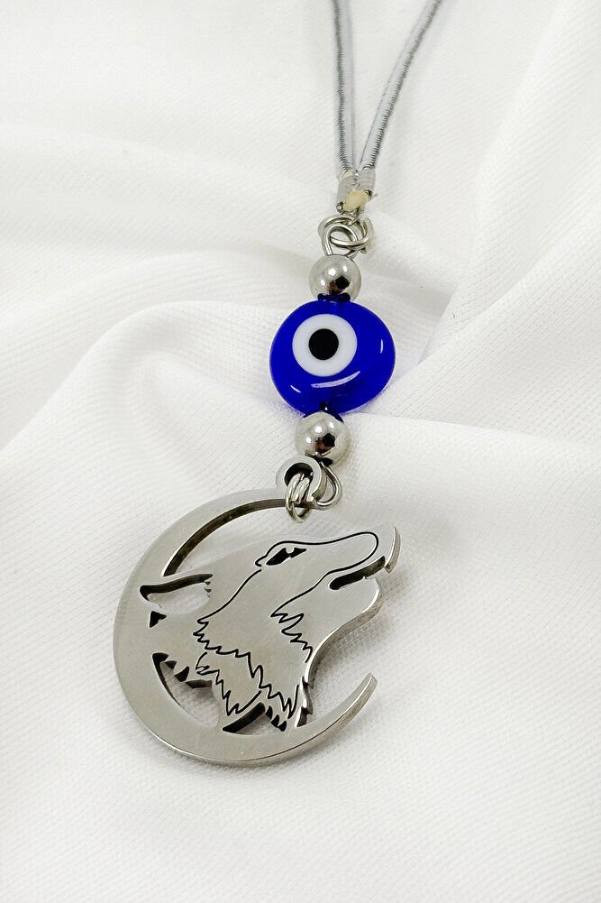 Gümüş Renkli Komple Çelik Hilal İçerisinde Uluyan Kurt Figürlü Nazarlı Araba Dikiz Ayna Süsü