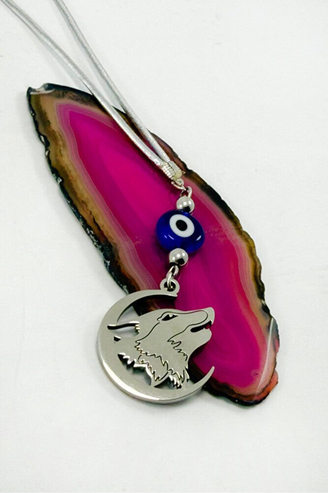 Gümüş Renkli Komple Çelik Hilal İçerisinde Uluyan Kurt Figürlü Nazarlı Araba Dikiz Ayna Süsü