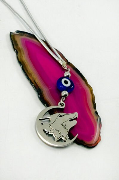 Gümüş Renkli Komple Çelik Hilal İçerisinde Uluyan Kurt Figürlü Nazarlı Araba Dikiz Ayna Süsü