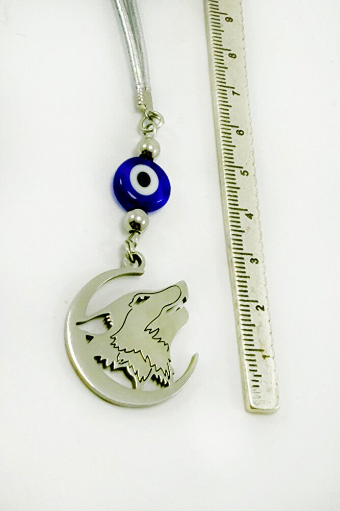 Gümüş Renkli Komple Çelik Hilal İçerisinde Uluyan Kurt Figürlü Nazarlı Araba Dikiz Ayna Süsü