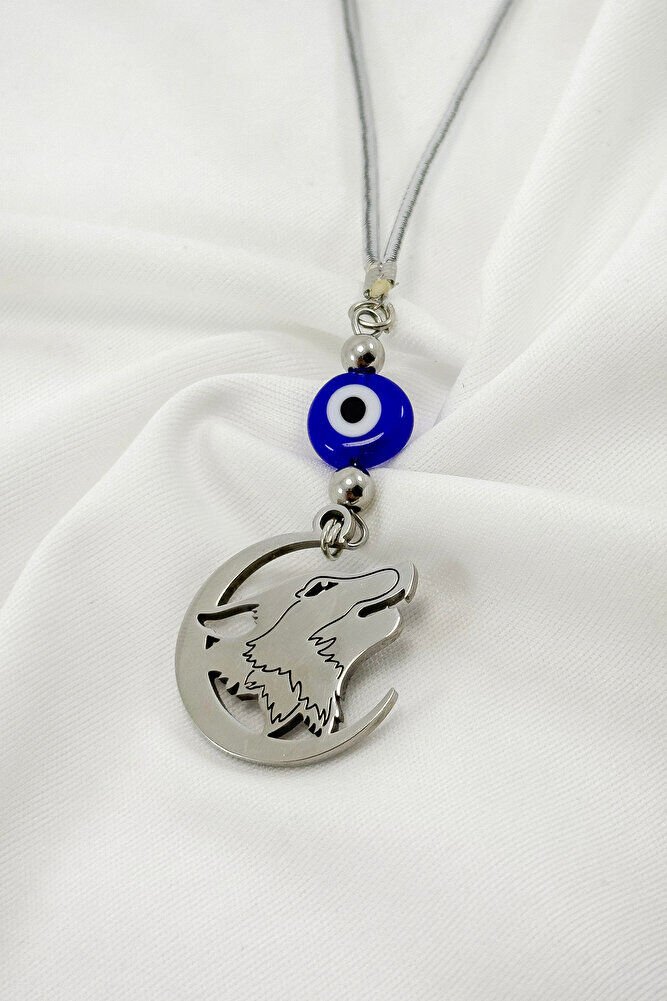 Gümüş Renkli Komple Çelik Hilal İçerisinde Uluyan Kurt Figürlü Nazarlı Araba Dikiz Ayna Süsü