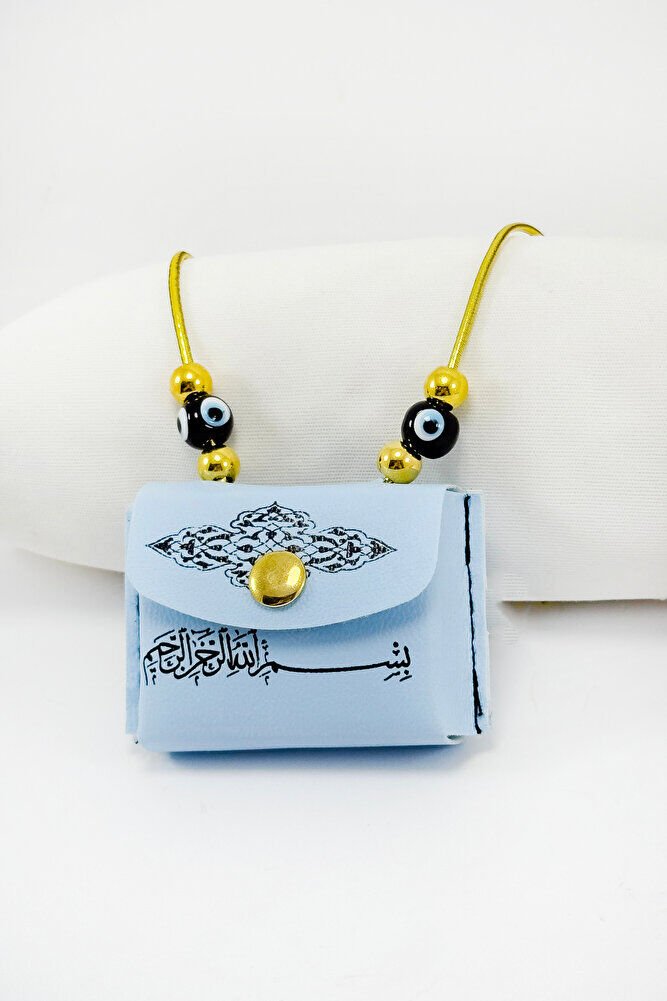 Blue Colored Handmade Black Glass Evil Eye Mini Quran in Leather Bag with Rubber Car Mirror Ornament