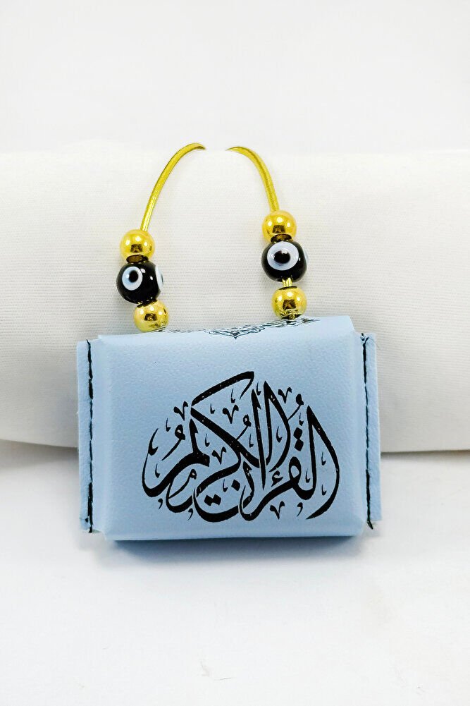 Blue Colored Handmade Black Glass Evil Eye Mini Quran in Leather Bag with Rubber Car Mirror Ornament