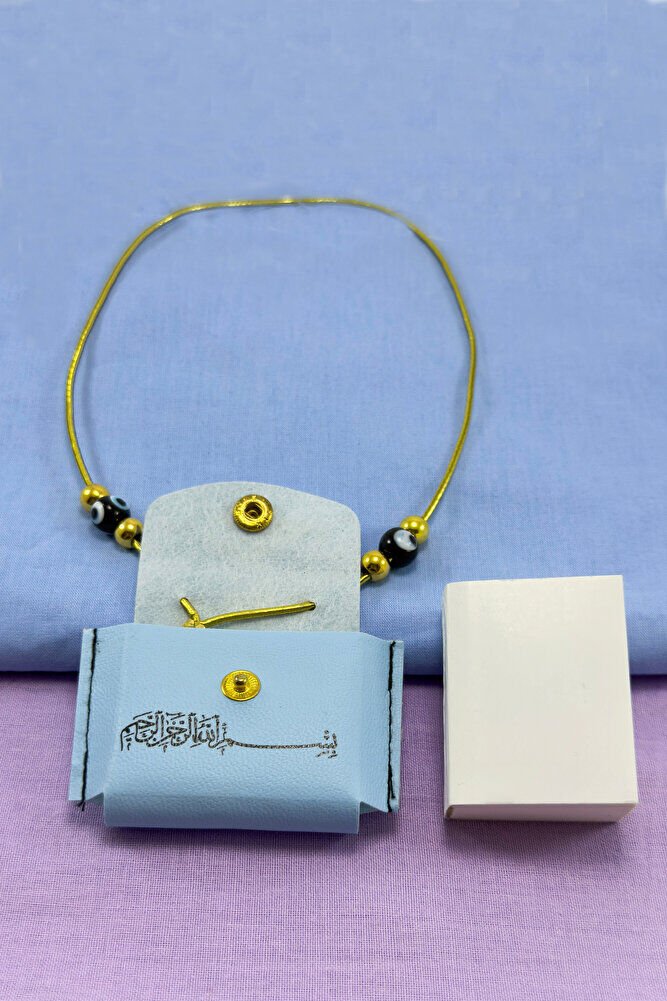 Blue Colored Handmade Black Glass Evil Eye Mini Quran in Leather Bag with Rubber Car Mirror Ornament