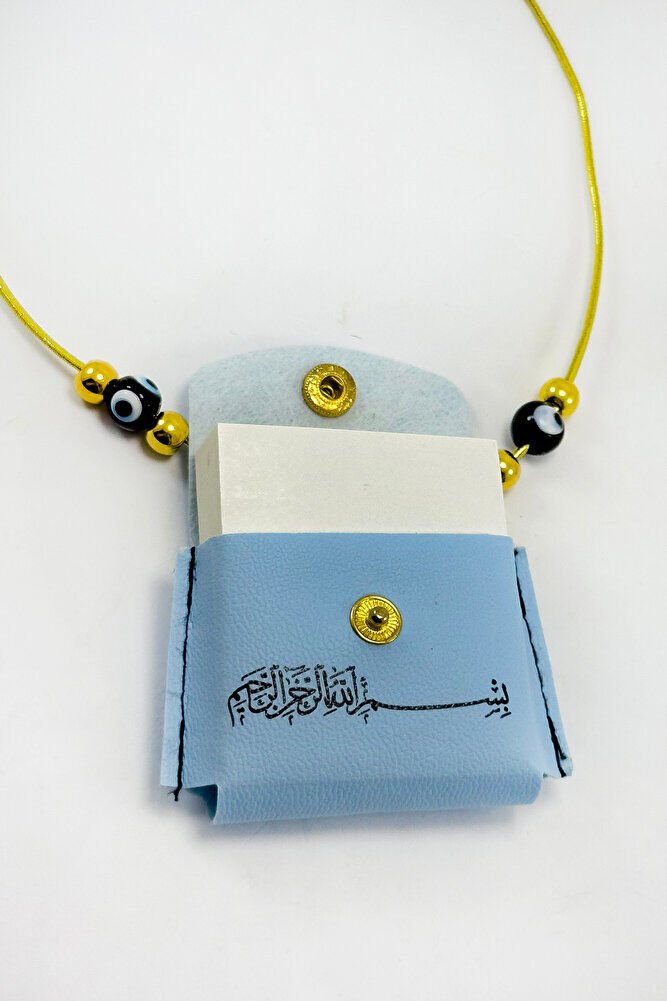 Blue Colored Handmade Black Glass Evil Eye Mini Quran in Leather Bag with Rubber Car Mirror Ornament