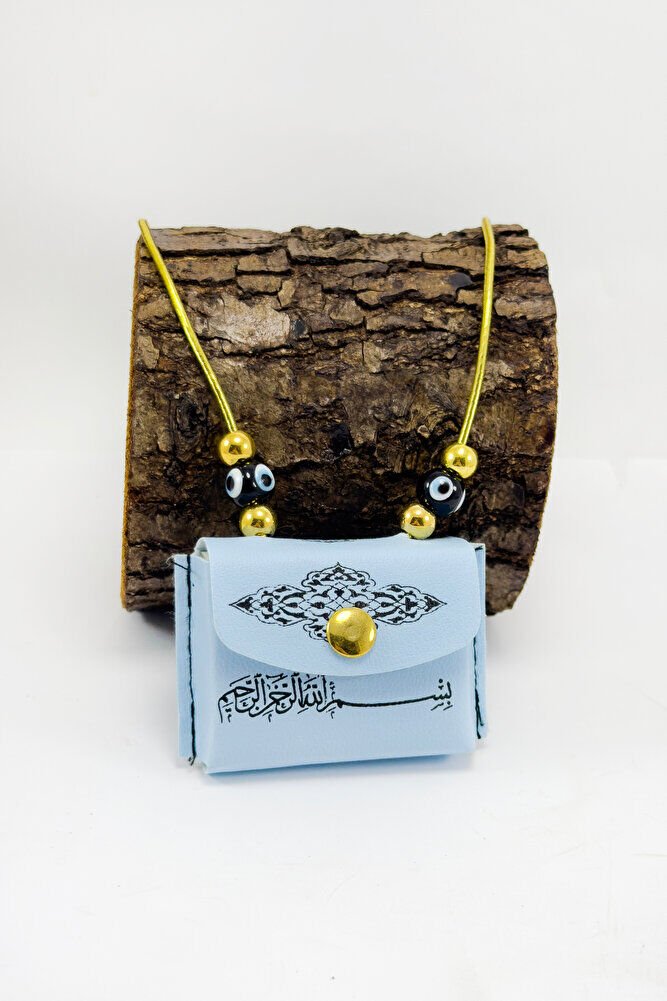 Blue Colored Handmade Black Glass Evil Eye Mini Quran in Leather Bag with Rubber Car Mirror Ornament