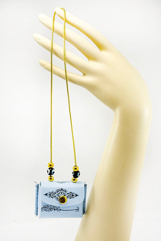 Blue Colored Handmade Black Glass Evil Eye Mini Quran in Leather Bag with Rubber Car Mirror Ornament