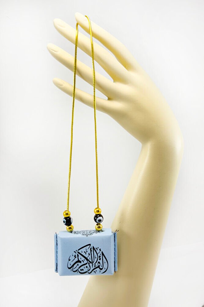 Blue Colored Handmade Black Glass Evil Eye Mini Quran in Leather Bag with Rubber Car Mirror Ornament