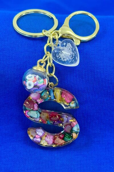 Renkli Epoksi S Harfi Anahtarlık, Hediyelik Çanta Süsü