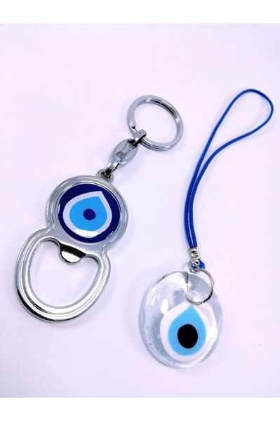 Saydam Nazar Boncuğu Araba Dikiz Ayna Süsü Şişe Açacağı Anahtarlık Set El Yapımı Cam Hediyelik