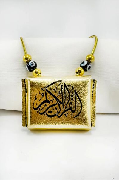 Altın Renkli El Yapımı Siyah Cam Nazarlı Deri Çantalı Mini Kur'an-ı Kerim Lastikli Oto Ayna Süsü