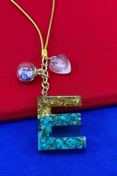 Epoksi Firuze Doğal Taşlı E Harfi Araba Dikiz Ayna Süsü, Hediyelik Araba Süsü