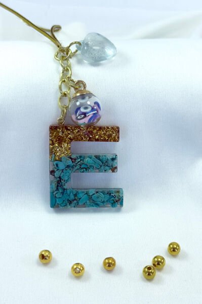 Epoksi Firuze Doğal Taşlı E Harfi Araba Dikiz Ayna Süsü, Hediyelik Araba Süsü