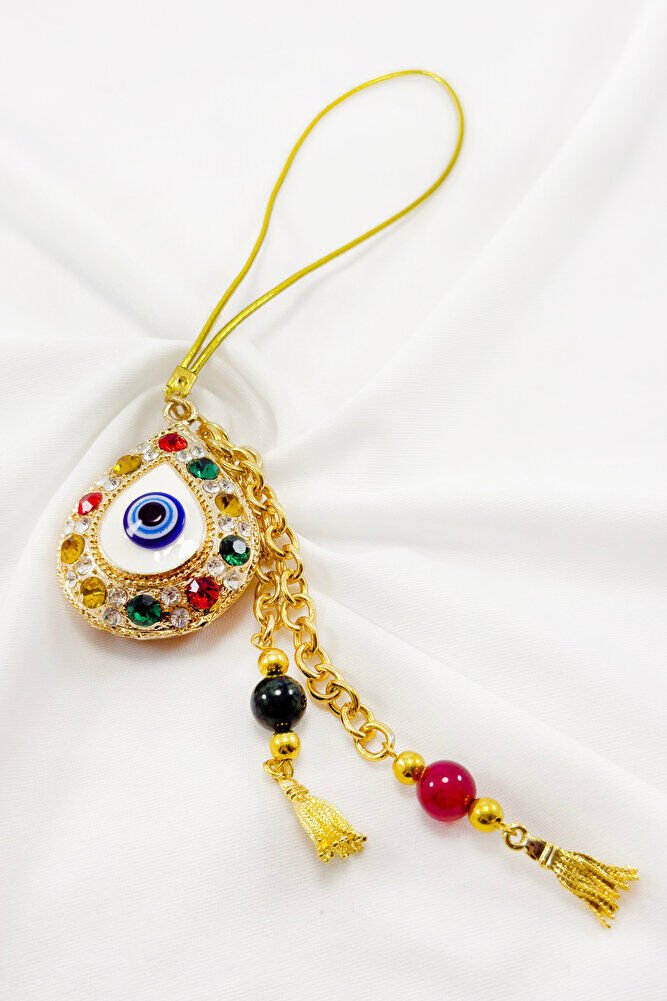 Parlak Renkli Taşlı Damla Şekilli Püskül Araba Dikiz Ayna Süsü, Hediyelik Gold Renkli Araba Süsü