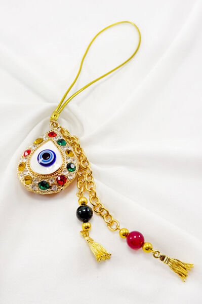 Parlak Renkli Taşlı Damla Şekilli Püskül Araba Dikiz Ayna Süsü, Hediyelik Gold Renkli Araba Süsü