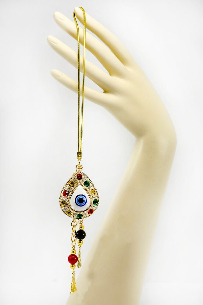 Parlak Renkli Taşlı Damla Şekilli Püskül Araba Dikiz Ayna Süsü, Hediyelik Gold Renkli Araba Süsü