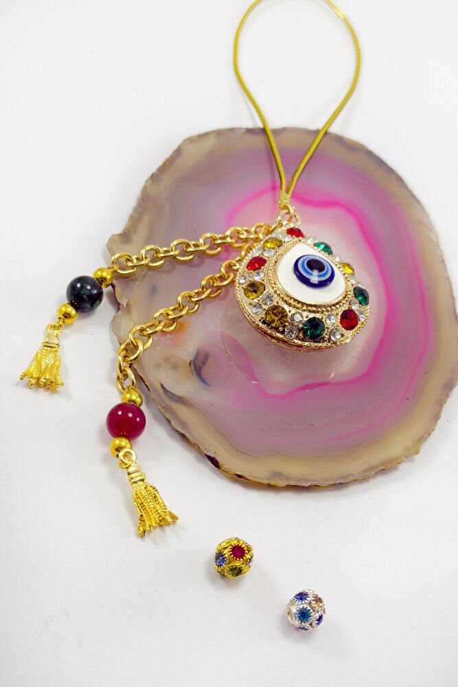 Parlak Renkli Taşlı Damla Şekilli Püskül Araba Dikiz Ayna Süsü, Hediyelik Gold Renkli Araba Süsü