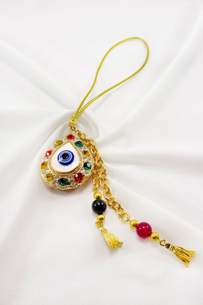 Parlak Renkli Taşlı Damla Şekilli Püskül Araba Dikiz Ayna Süsü, Hediyelik Gold Renkli Araba Süsü