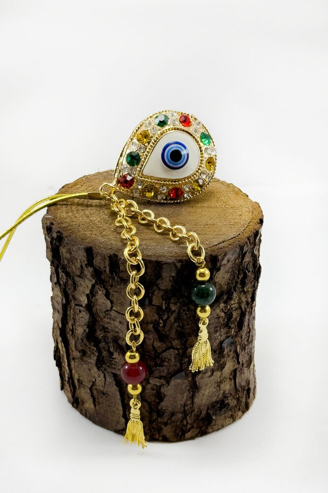 Parlak Renkli Taşlı Damla Şekilli Püskül Araba Dikiz Ayna Süsü, Hediyelik Gold Renkli Araba Süsü