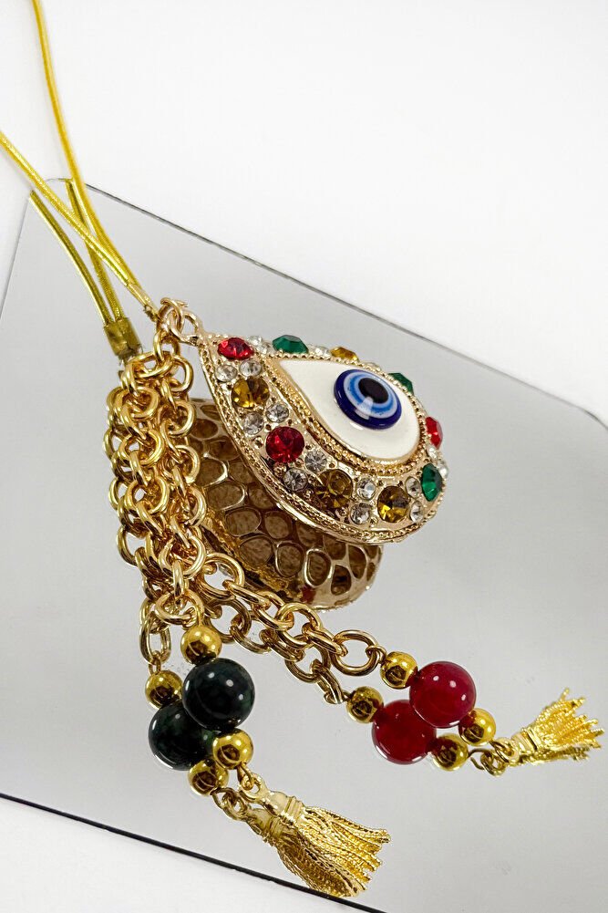 Parlak Renkli Taşlı Damla Şekilli Püskül Araba Dikiz Ayna Süsü, Hediyelik Gold Renkli Araba Süsü