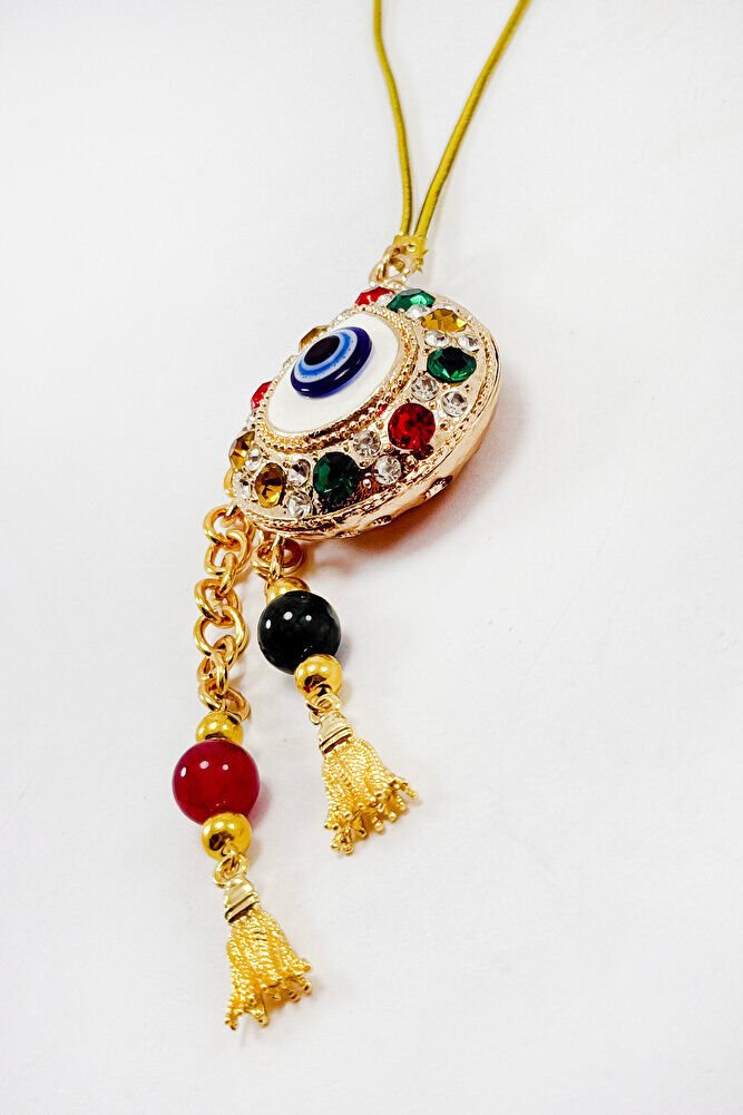 Parlak Renkli Taşlı Damla Şekilli Püskül Araba Dikiz Ayna Süsü, Hediyelik Gold Renkli Araba Süsü