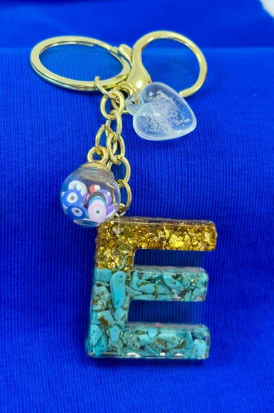 Epoxy Turquoise Stone Letter E Keychain, Gift Bag Ornament