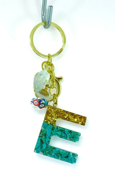 Epoxy Turquoise Stone Letter E Keychain, Gift Bag Ornament