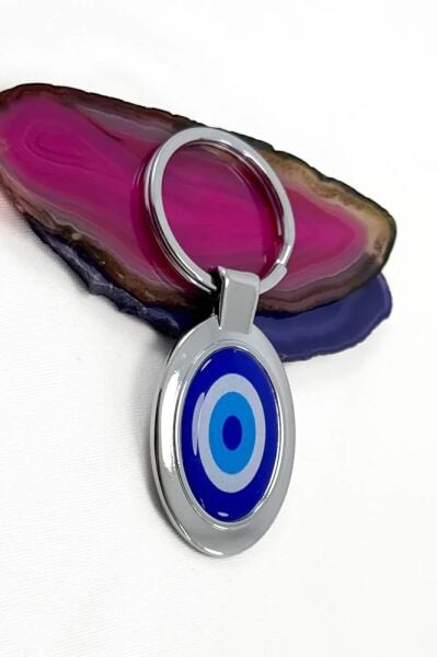 Dark Blue Evil Eye Beaded Metal Keychain, Evil Eye Keychain for Gift