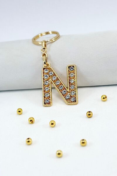 Gold Color Shiny Stone Letter N Keychain, Gift Letter Keychain