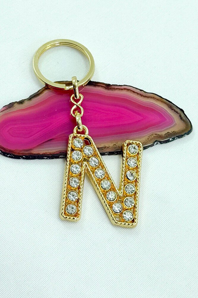 Gold Color Shiny Stone Letter N Keychain, Gift Letter Keychain