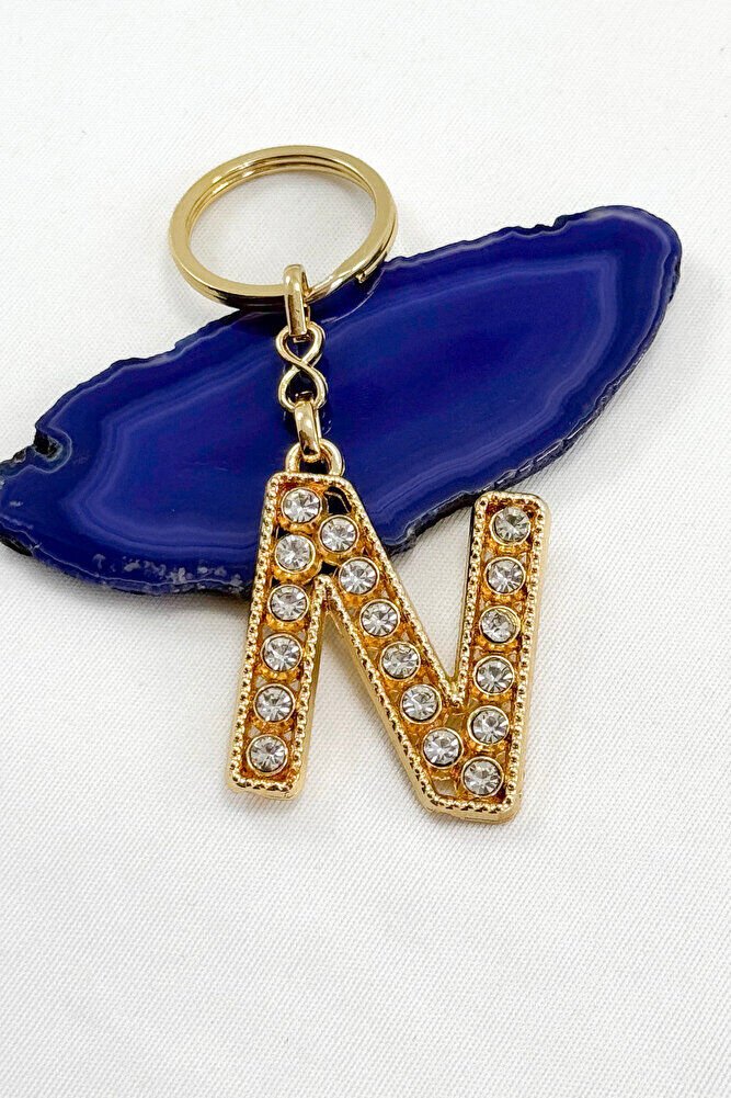 Gold Color Shiny Stone Letter N Keychain, Gift Letter Keychain