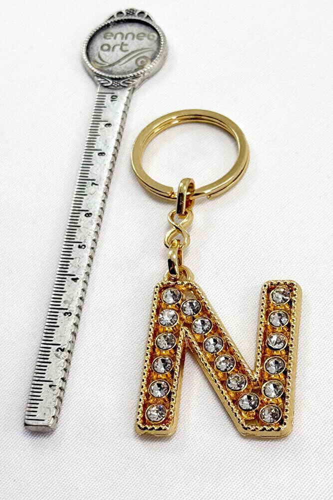 Gold Color Shiny Stone Letter N Keychain, Gift Letter Keychain