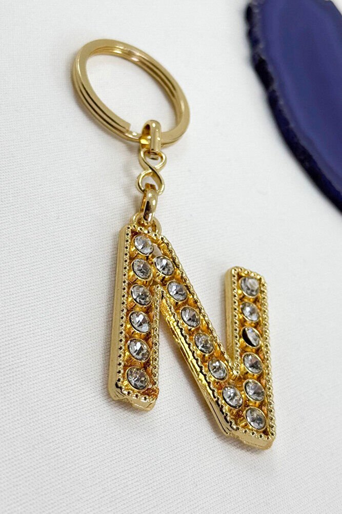 Gold Color Shiny Stone Letter N Keychain, Gift Letter Keychain