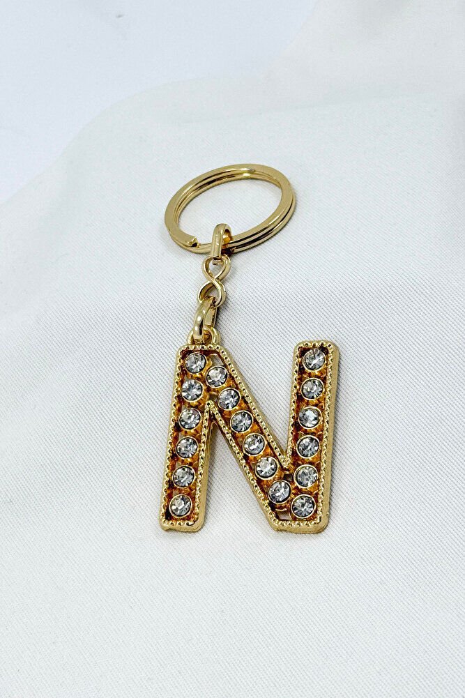 Gold Color Shiny Stone Letter N Keychain, Gift Letter Keychain
