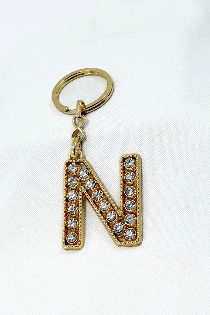 Gold Color Shiny Stone Letter N Keychain, Gift Letter Keychain