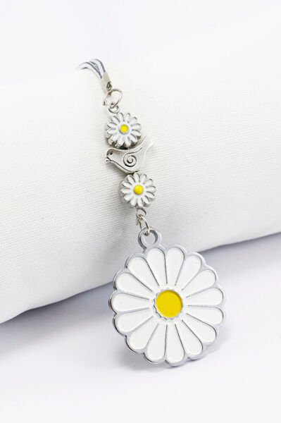 Beyaz Papatyalı Kuşlu Gümüş Renkli Araba Dikiz Ayna Süsü, Yeni Araba Hediyesi