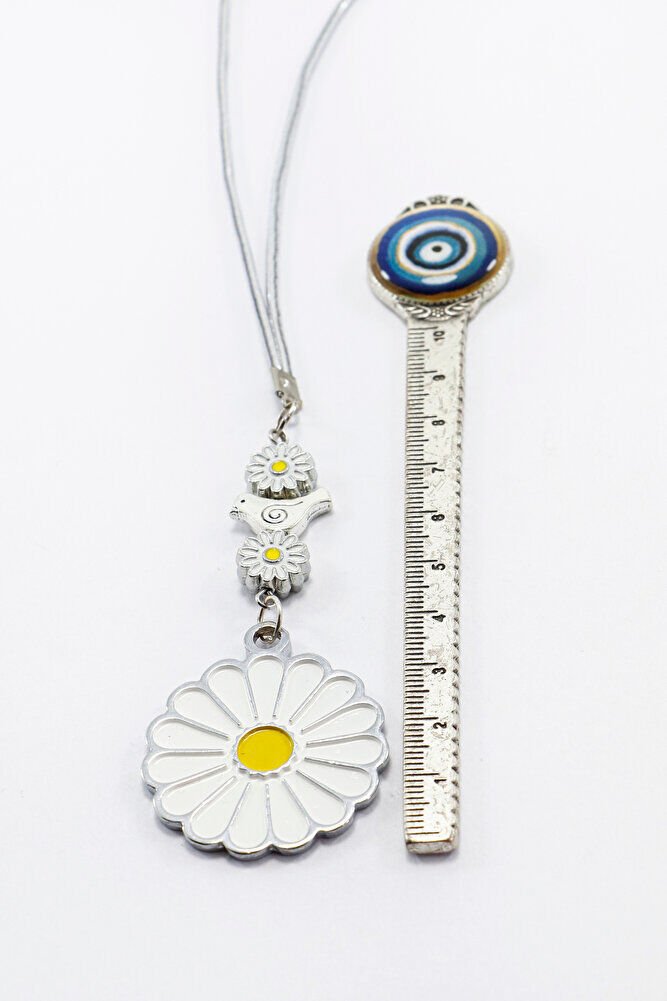 Beyaz Papatyalı Kuşlu Gümüş Renkli Araba Dikiz Ayna Süsü, Yeni Araba Hediyesi