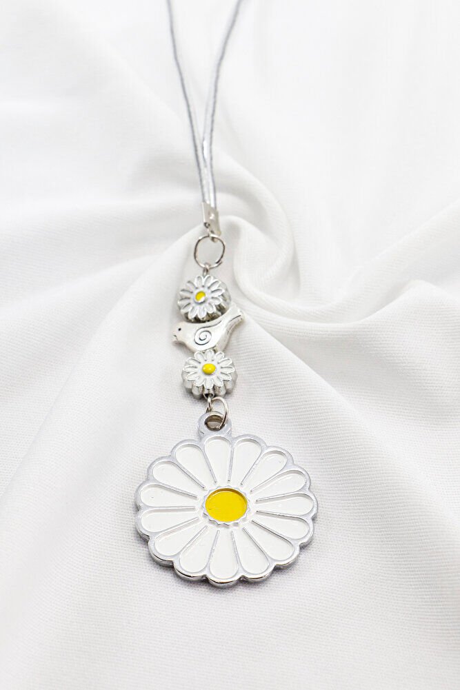 Beyaz Papatyalı Kuşlu Gümüş Renkli Araba Dikiz Ayna Süsü, Yeni Araba Hediyesi