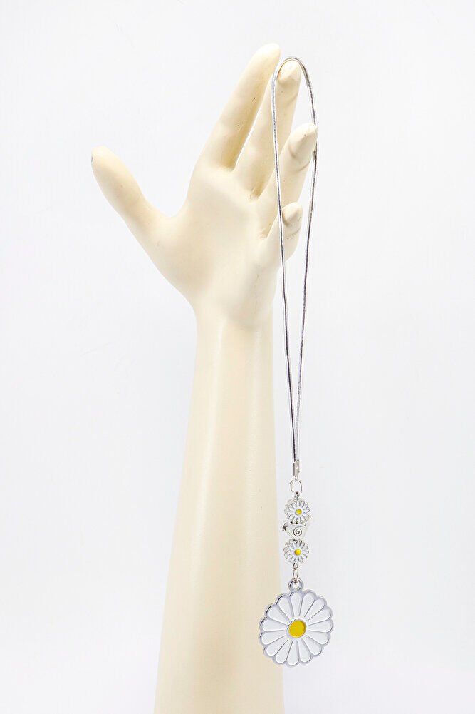 Beyaz Papatyalı Kuşlu Gümüş Renkli Araba Dikiz Ayna Süsü, Yeni Araba Hediyesi