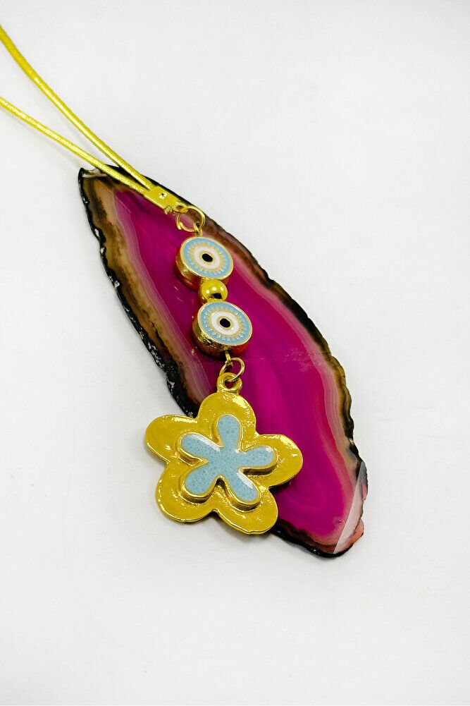 Gold Renkli Çerçeveli Nazar Boncuklu Çiçekli Araba Dikiz Ayna Süsü, Yeni Araba Hediyesi