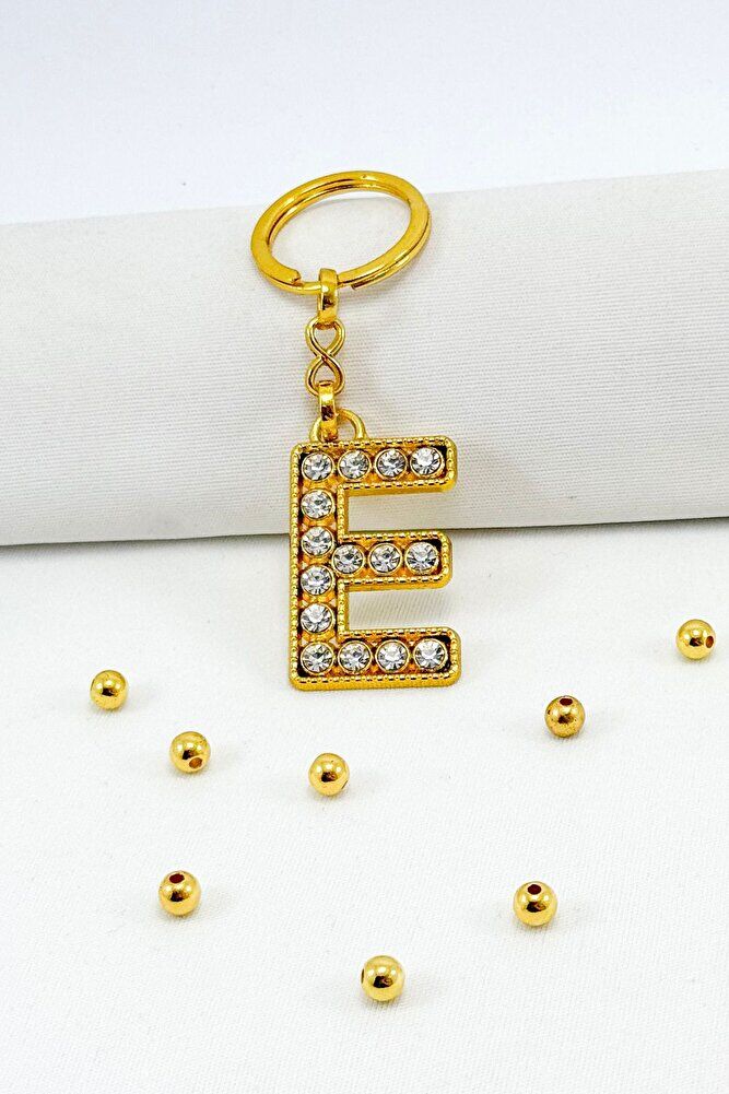 Gold Renkli Parlak Taşlı E Harfi Anahtarlık, Hediyelik Harfli Anahtarlık