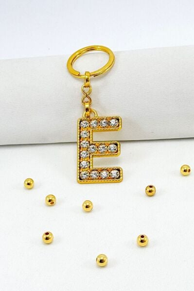 Gold Color Shiny Stone Letter E Keychain, Gift Letter Keychain