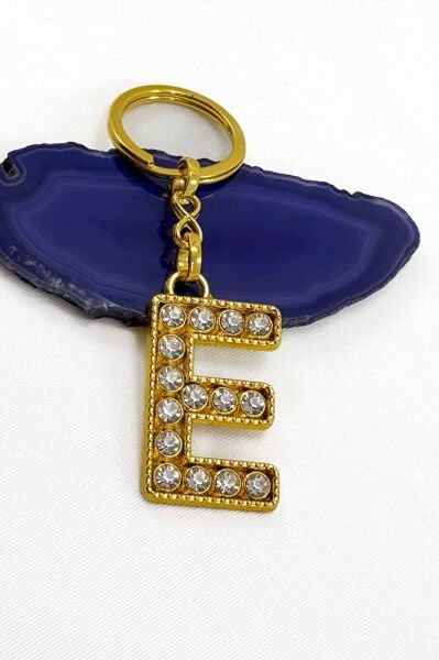 Gold Color Shiny Stone Letter E Keychain, Gift Letter Keychain